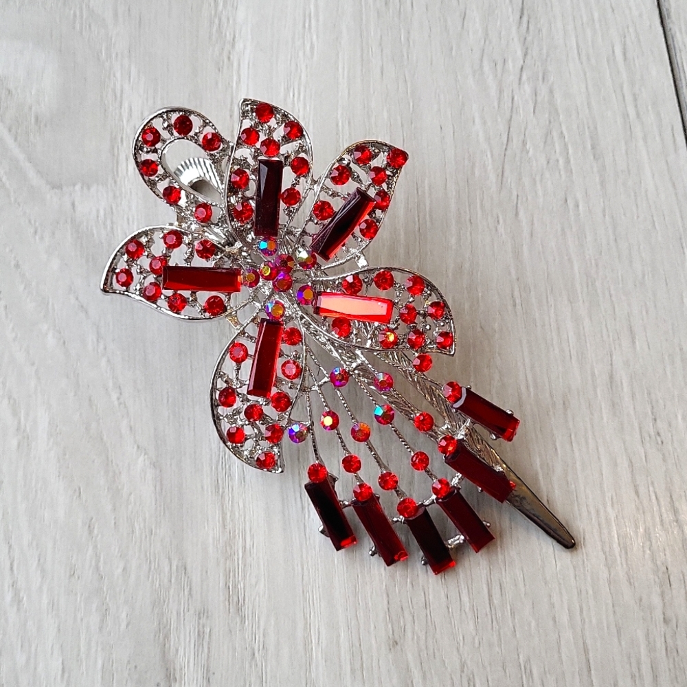 Delicate Silver Flower Alligator Clip with Red Jewels, Beads & Rhinestones